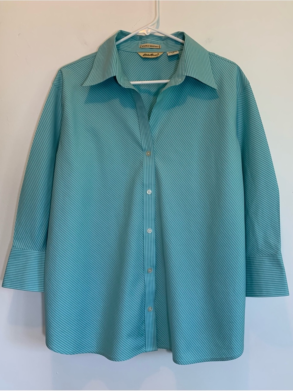 Eddie Bauer Wrinkle Resistant Aqua Blue Pinstripe Cotton Button Up Shirt XXL